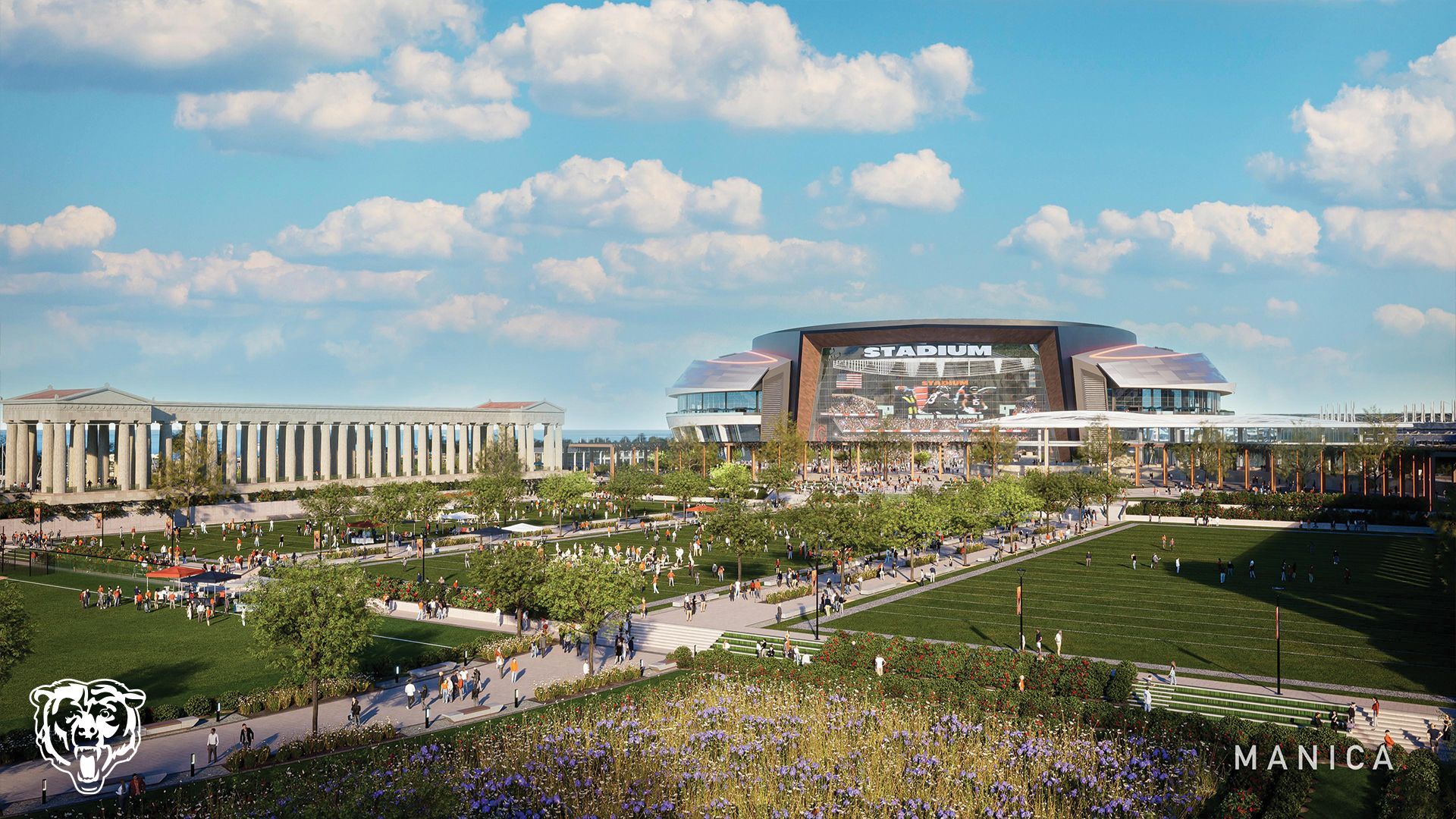 <strong>Chicago Bears</strong><br>Auch die Bears planen einen kleinen, grünen Park, der das Stadion umrahmt, die Fake-Akropolis auf der linken Seite gibt es gleich mit dazu. 65.000 bis 70.000 Menschen sollen im Lakefront Park Platz finden.