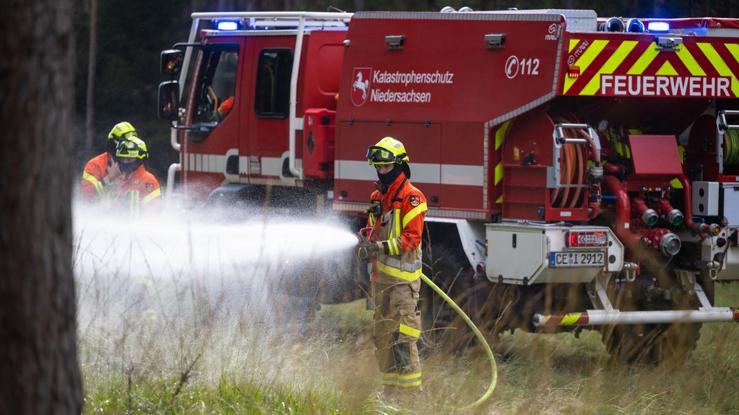 Einsatzkräfte arbeiten bei der Großübung "Eichkater 2024" in einem Waldgebiet. 