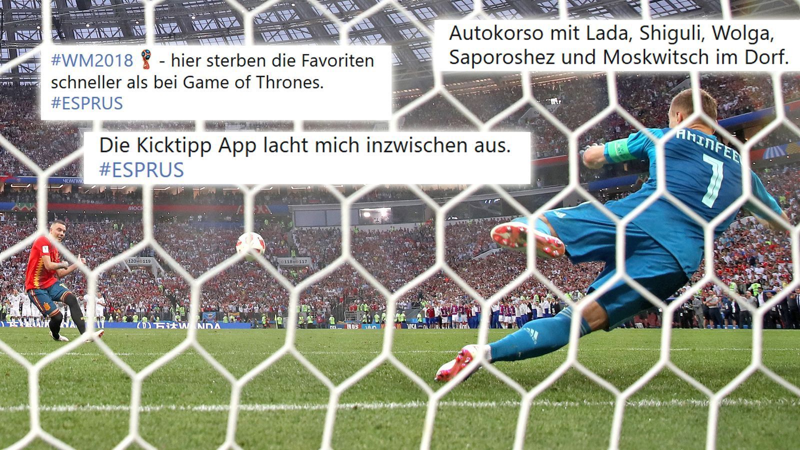 
                <strong>Russland wirft Spanien raus! Die besten Netzreaktionen zu #ESPRUS</strong><br>
                Der Elfmeterkrimi zwischen Spanien und Russland schlägt auf Twitter hohe Wellen. Vor allem Igor Akinfeev und das Favoritensterben sind Thema. ran.de zeigt die besten Netzreaktionen zum WM-Achtelfinale #ESPRUS.
              