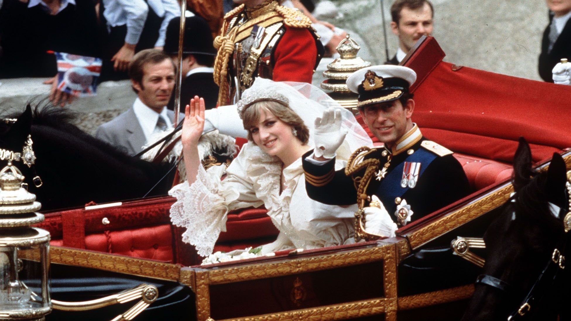 The Prince and Princess of Wales during their carriage procession to Buckingham Palace after their wedding at St.Paul's Cathedral,