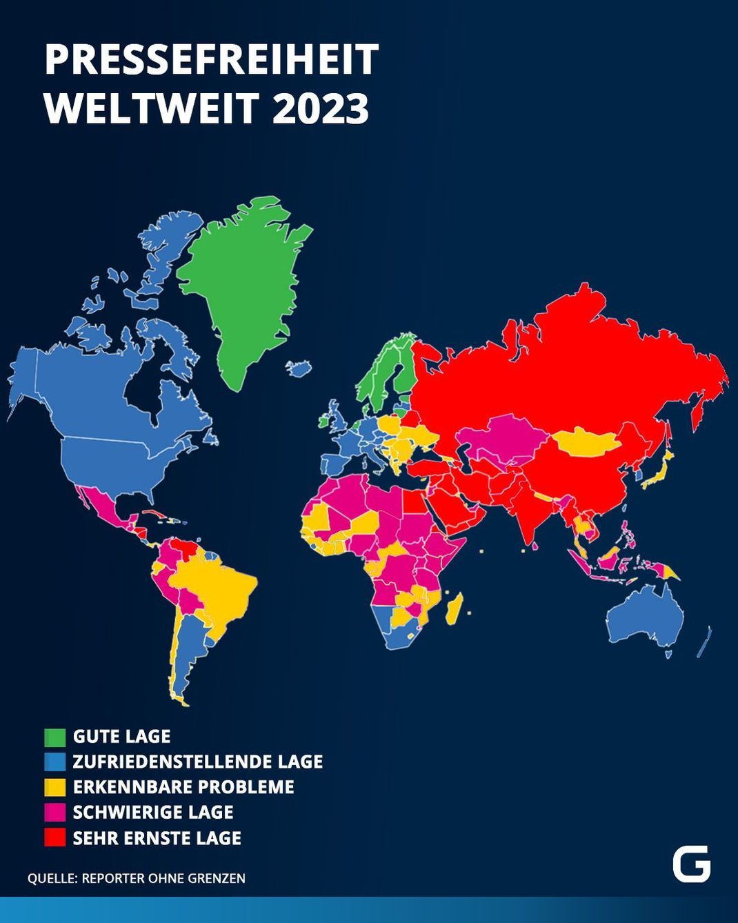 So verteilen sich gemäß der RSF die Zonen der Pressefreiheit in 2023 auf der Weltkarte. Laut der RSF ist der Index nicht als repräsentative Studie zu verstehen. Global ist er aber als Richtwert anerkannt.