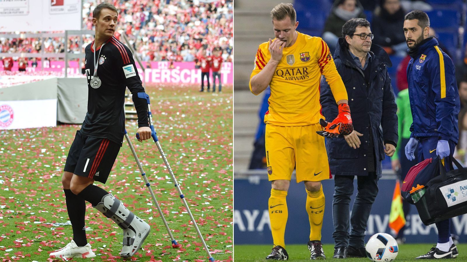 
                <strong>Verletzungen bzw. verpasste Spiele</strong><br>
                Wie man durch die größere Anzahl an bestrittenen Pflichtspielen möglicherweise bereits ableiten kann, ist ter Stegen in den letzten Jahren ohne wirklich lange Verletzungspause durch die Spielzeiten gekommen. Lediglich zwölf Spiele verpasste der 28-Jährige seit seinem Barcelona-Wechsel im Sommer 2014. Ter Stegen musste auch nie mehr als drei Pflichtspiele in Folge wegen Verletzungen aussetzen. Manuel Neuer hatte bekanntermaßen im Jahr vor der WM 2018 eine extrem lange Verletzungspause, fehlte beinahe die gesamte Saison 2017/18, bekam jedoch bei der Endrunde in Russland vom deutschen Bundestrainer Joachim Löw dennoch den Vorzug vor ter Stegen. Seit Beginn der Saison 2014/15 musste Routinier Neuer in 71 Bayern-Pflichtspielen wegen Verletzungsproblemen passen. 
              