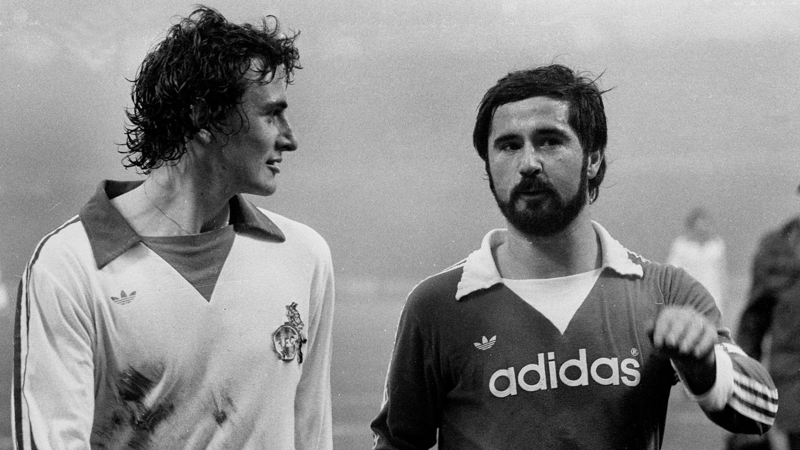 <strong>Sieben Tore: Dieter Müller (li.) und Gerd Müller</strong><br><strong>Saison:</strong> 1977/78<br><strong>Vereine:</strong> 1. FC Köln bzw. FC Bayern München