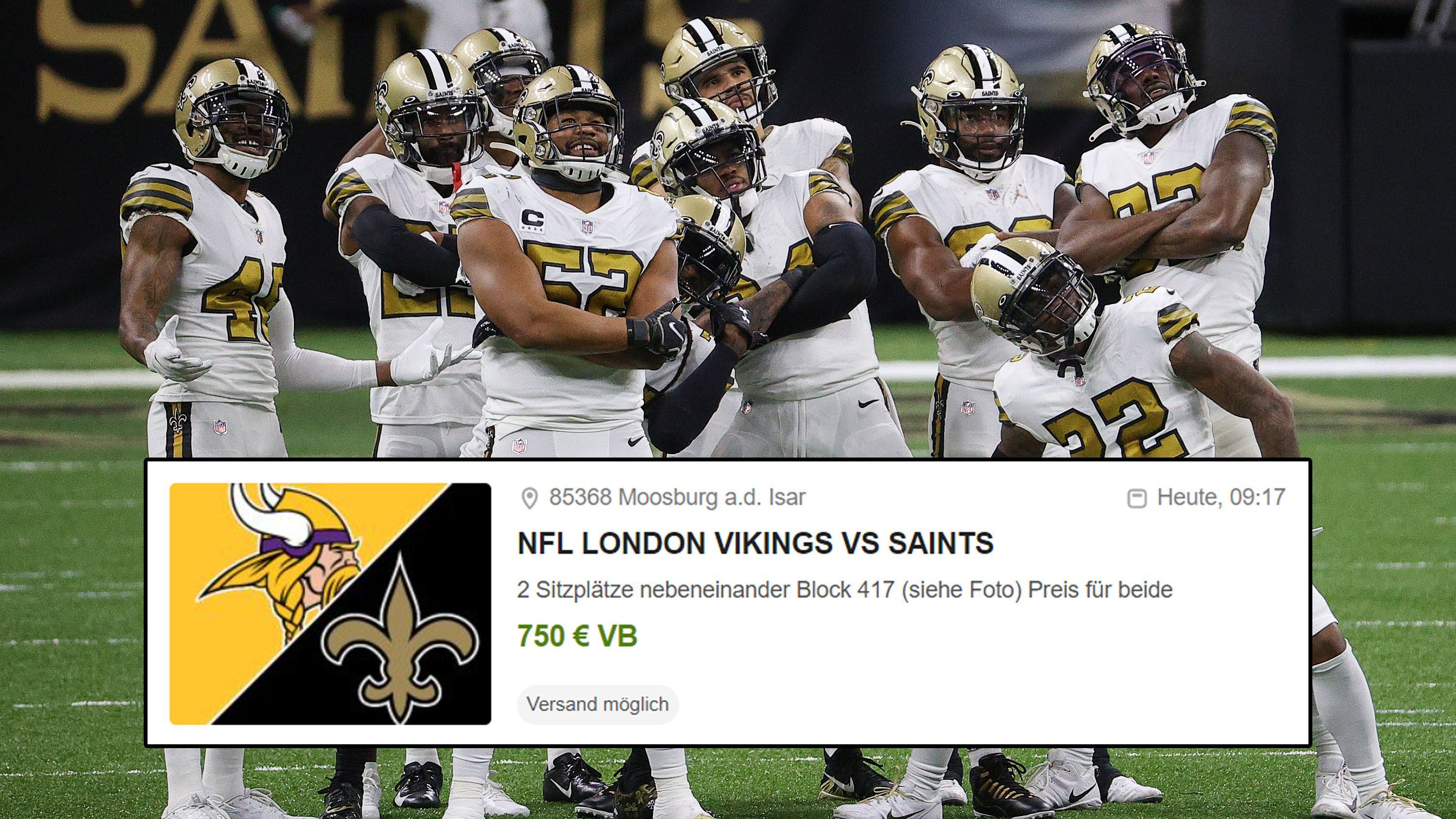 
                <strong>Vikings vs. Saints </strong><br>
                Die Preise werden etwas humaner, bleiben allerdings weiterhin verdammt hoch: 750 Euro für zwei nebeneinanderliegende Tickets, "Versand möglich". Wer so viel Geld hat, darf sich dann auch freuen wie die Saints-Defense nach einem gelungenen Sack. 
              