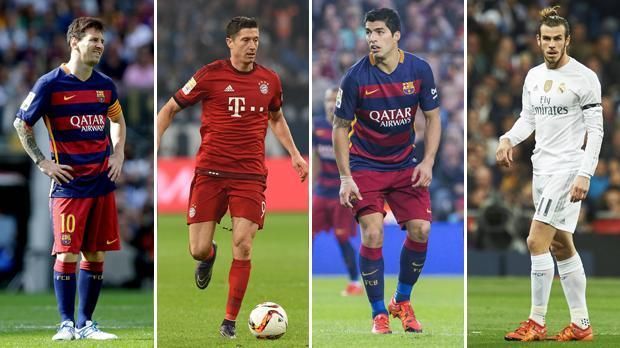 
                <strong>Die nominierten Stürmer Teil I</strong><br>
                Die nominierten Stürmer Teil I: Lionel Messi (FC Barcelona), Robert Lewandowski (FC Bayern München), Luis Suarez (FC Barcelona), Gareth Bale (Real Madrid).
              