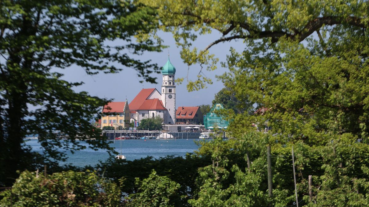 Die Pfarrkirche Sankt Georg ist hinter Bäumen am Ufer des Bodensees im Sonnenschein zu sehen.