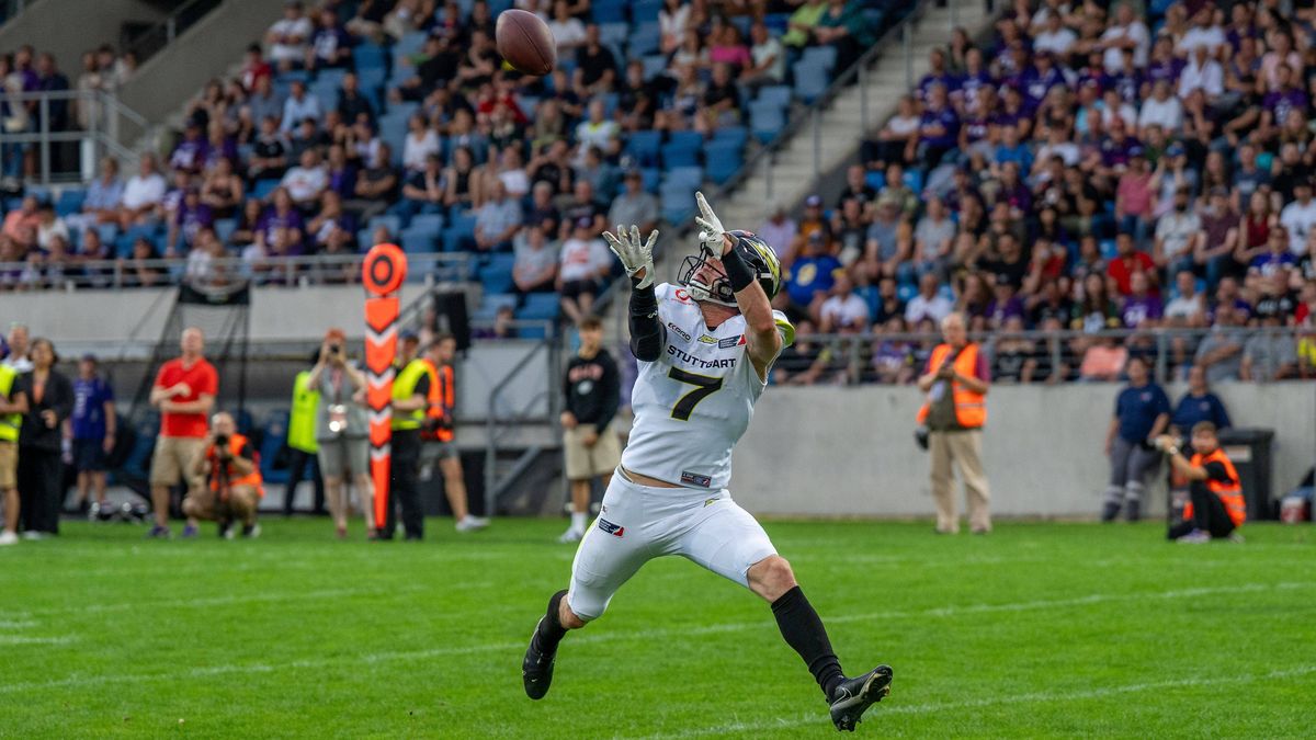 12.07.2025, xhfmx, American Football ELF European League of Football, Frankfurt Galaxy - Stuttgart Surge Louis Geyer (Stuttgart Surge) erzielt den nächsten Touchdown für Stuttgart Surge (DFL DFB RE...