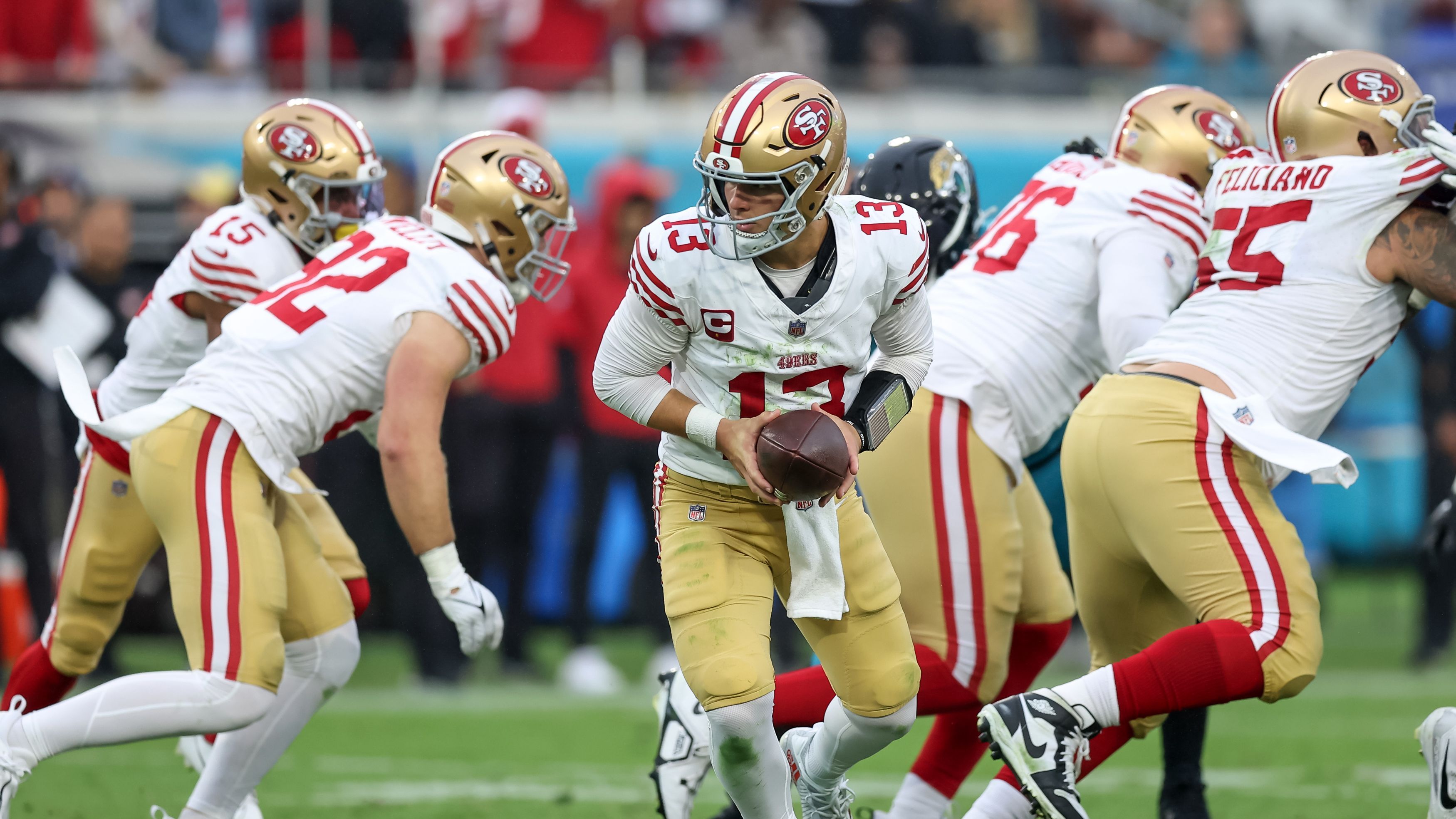 <strong>San Francisco 49ers</strong><br>Saison 2023<br>Am 12.11.2023 im Spiel gegen die Jacksonville Jaguars<br>Endergebnis: 34-3