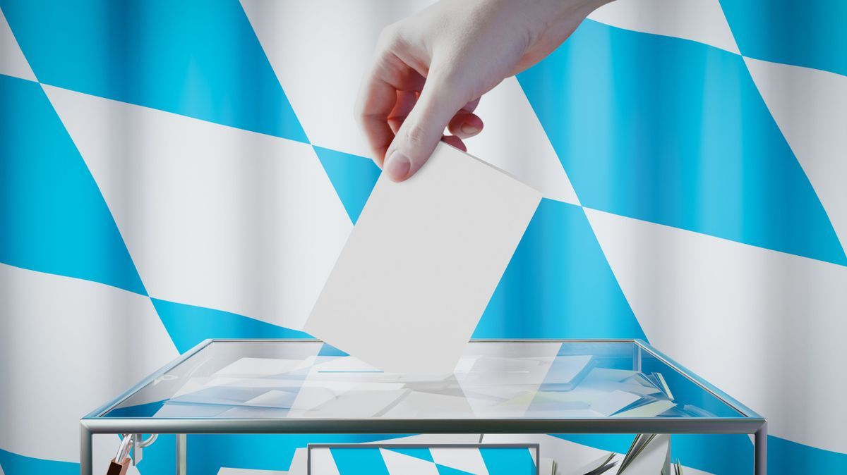 Bavaria flag, hand dropping ballot card into a box - voting/ election in Germany concept - 3D illustration