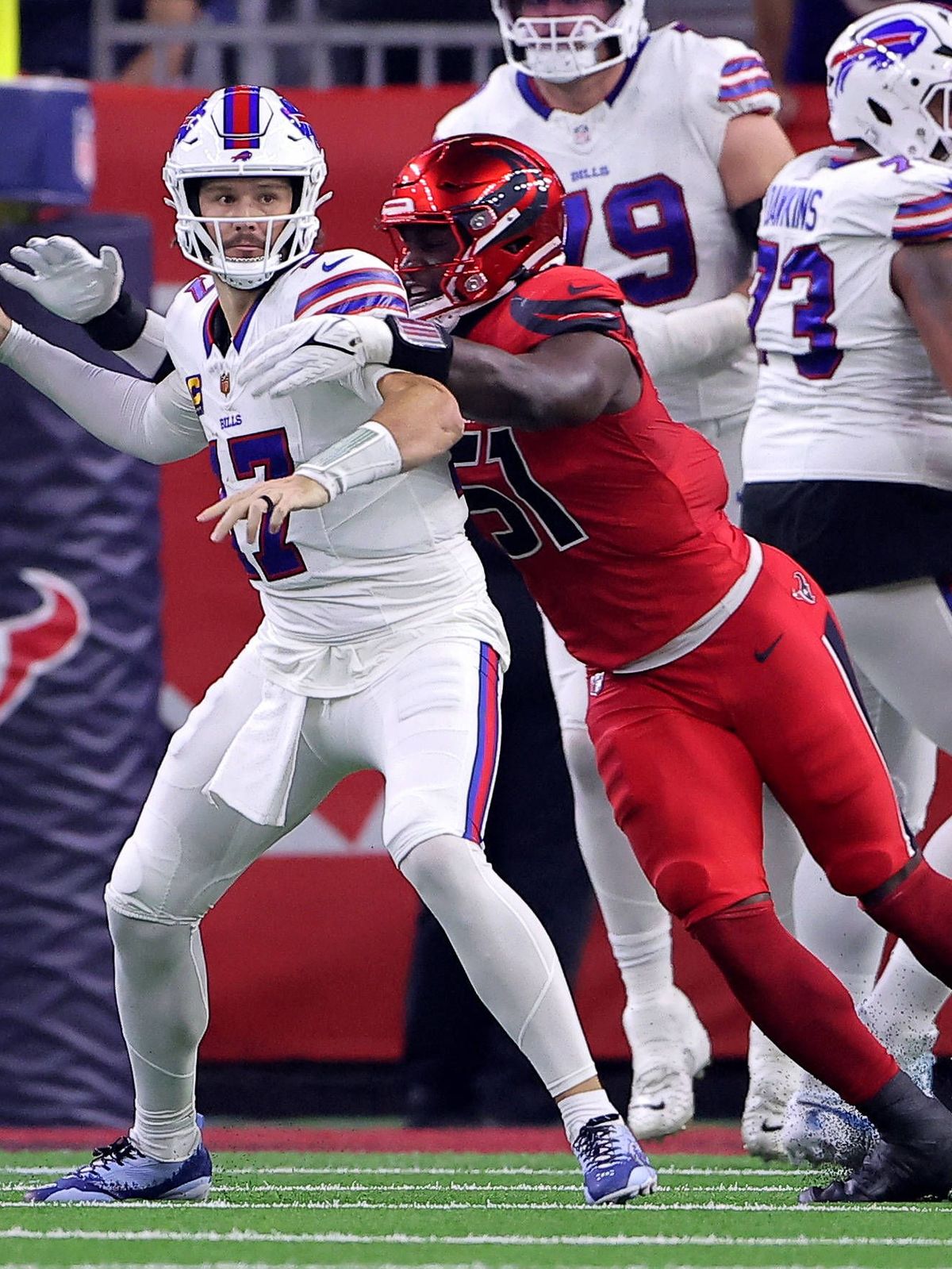 November 20, 2025, Houston, Texas, U.S: Houston Texans defensive end Will Anderson Jr. (51) sacks Buffalo Bills quarterback Josh Allen (17) during the first quarter of the NFL, American Football He...