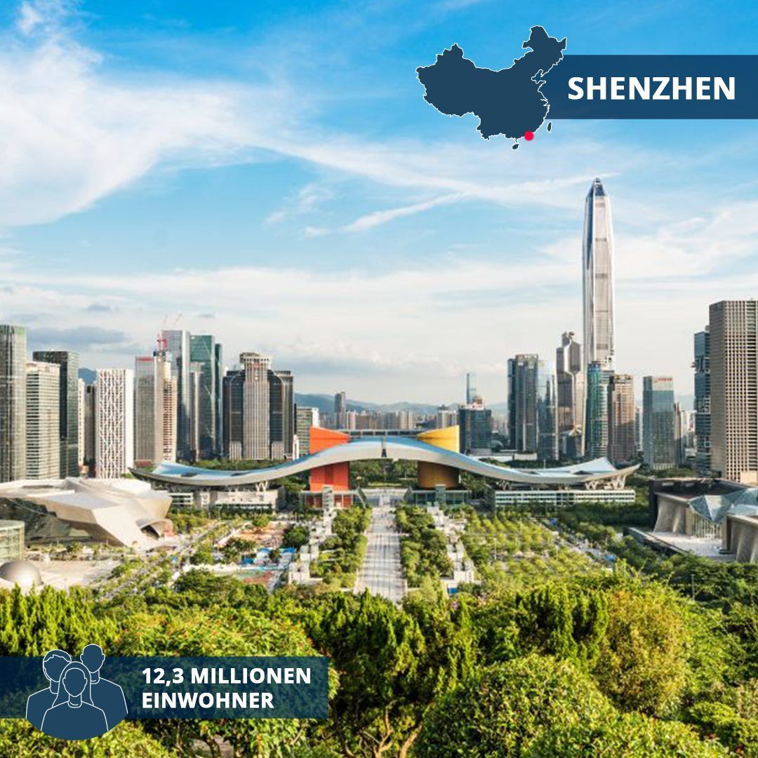 Shenzhen, 12,83 Millionen Einwohner:innen (2022)
