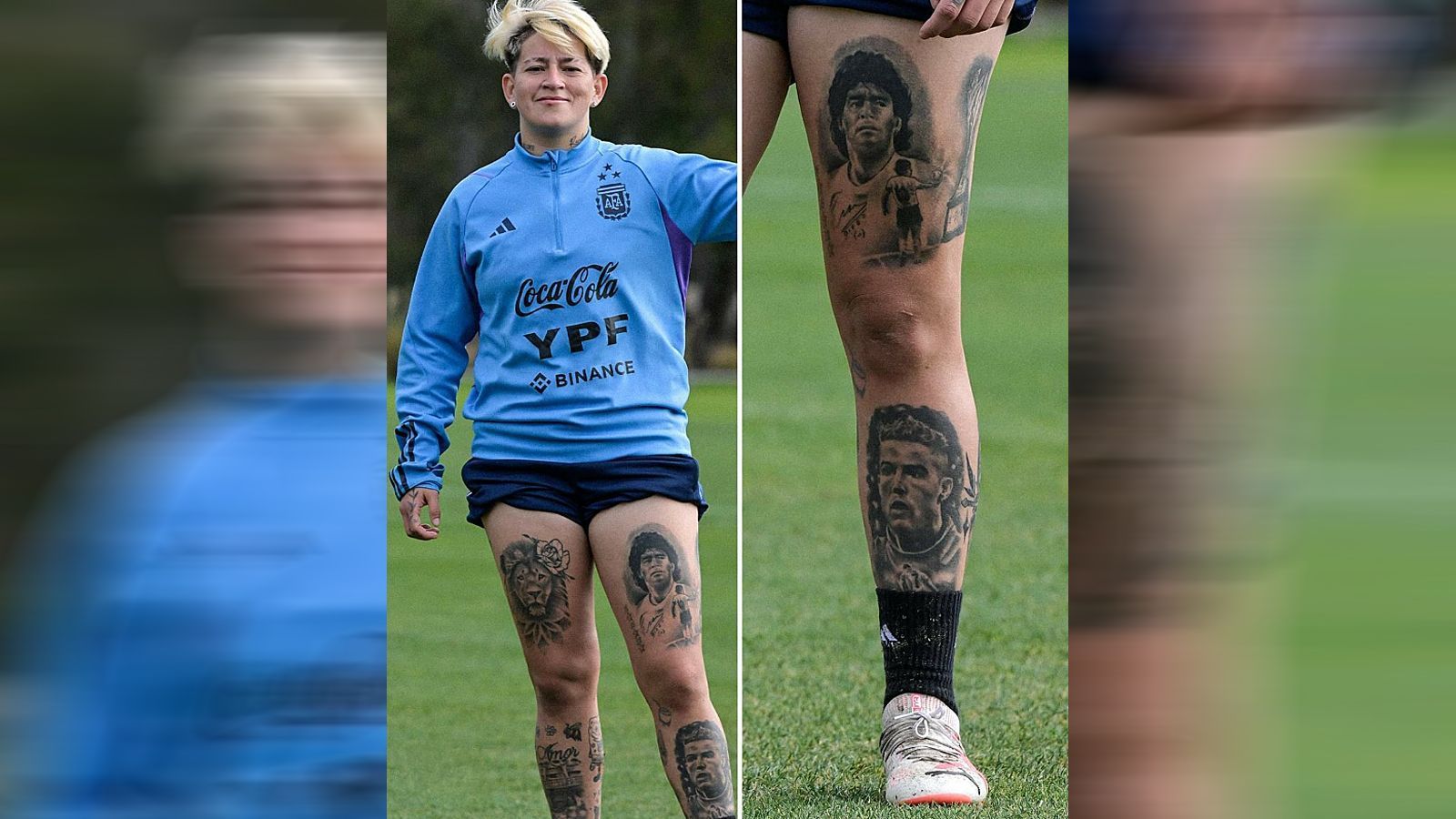 <strong>Yamila Rodriguez</strong><br>
                Die argentinische WM-Teilnehmerin Yamila Rodriguez hat nicht nur ein Faible für den Fußball, sondern ganz offensichtlich auch für Tattoos. Die 25-Jährige trägt auf ihrem linken Bein die mittlerweile verstorbene Legende Diego Maradona als Tattoo. Diese Zuneigung ist wenig überraschend, schließlich spielte Rodriguez wie einst Maradona auch bei den Boca Juniors. Viel überraschender ist hingegen Rodriguez' offensichtliche Sympathie für Cristiano Ronaldo. Den Portugiesen trägt sie nämlich ebenfalls als Tattoo und zwar direkt unter jenem von Maradona. Aber mal ehrlich: So richtig geglückt scheint das CR7-Tattoo optisch nicht zu sein, gerade im Vergleich zum perfekten Maradona darüber.
