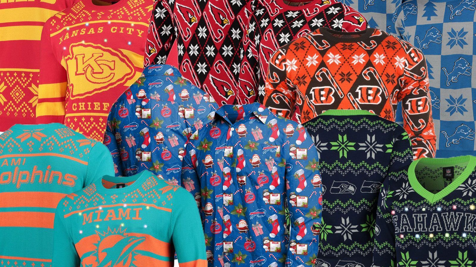 <strong>NFL: Ugly Christmas Sweaters 2023</strong><br>
                In den USA gehören die "Ugly Christmas Sweater" zur Weihnachtstradition. Auch die NFL-Teams wetteifern dabei um die hässlichsten Weihnachtspullis. <em><strong>ran</strong></em> zeigt das ultimative "Gruselkabinett".
