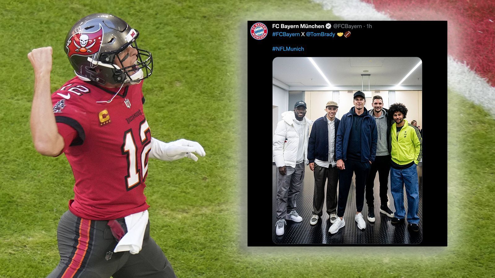 
                <strong>Bayern-Stars ergattern Bild mit Tom Brady</strong><br>
                Auch die Stars des FC Bayern München haben sich die erste NFL-Partie in Deutschland nicht entgehen lassen. Die Tampa Bay Buccaneers konnten die Seattle Seahawks mit 21:16 bezwingen. Nach der Partie gab es für Serge Gnabry, Sven Ulreich, Jamal Musiala und Alphonso Davies noch ein Bild mit Buccaneers-Quarterback Tom Brady. 
              