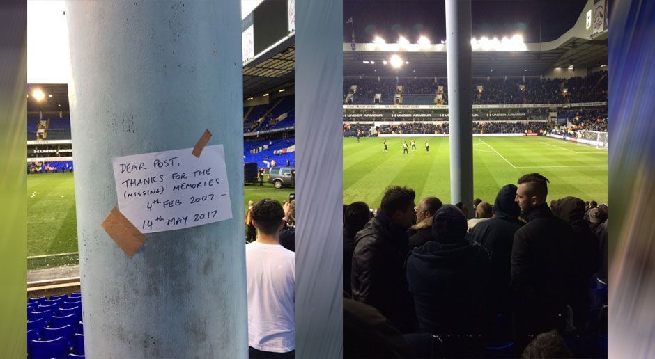 
                <strong>White Hart Lane (Tottenham Hotspur)</strong><br>
                White Hart Lane, England (Tottenham Hotspur): Was für eine Aussicht! Dieser Fan dürfte der White Hart Lane wohl keine Träne nachweinen. Nach dem letzten Heimspiel von Tottenham Hotspur im altehrwürdigen Stadion verabschiedete sich der Dauerkarteninhaber mit einer persönlichen Widmung von dem Stadionpfosten, der im Frühjahr 2017 so vielen schönen Erinnerungen im Weg stand - immerhin gewannen die Londoner in dieser Zeit neun von zehn Heimspielen. Ein anderer Spurs-Fan twitterte das Bild mit dem Abschiedsgruß (li.) und bekam schnell Antwort: Auch in den Reihen dahinter hatten die Supporter ihre Freude mit dem Betonklotz auf der Tribüne (re.).
              