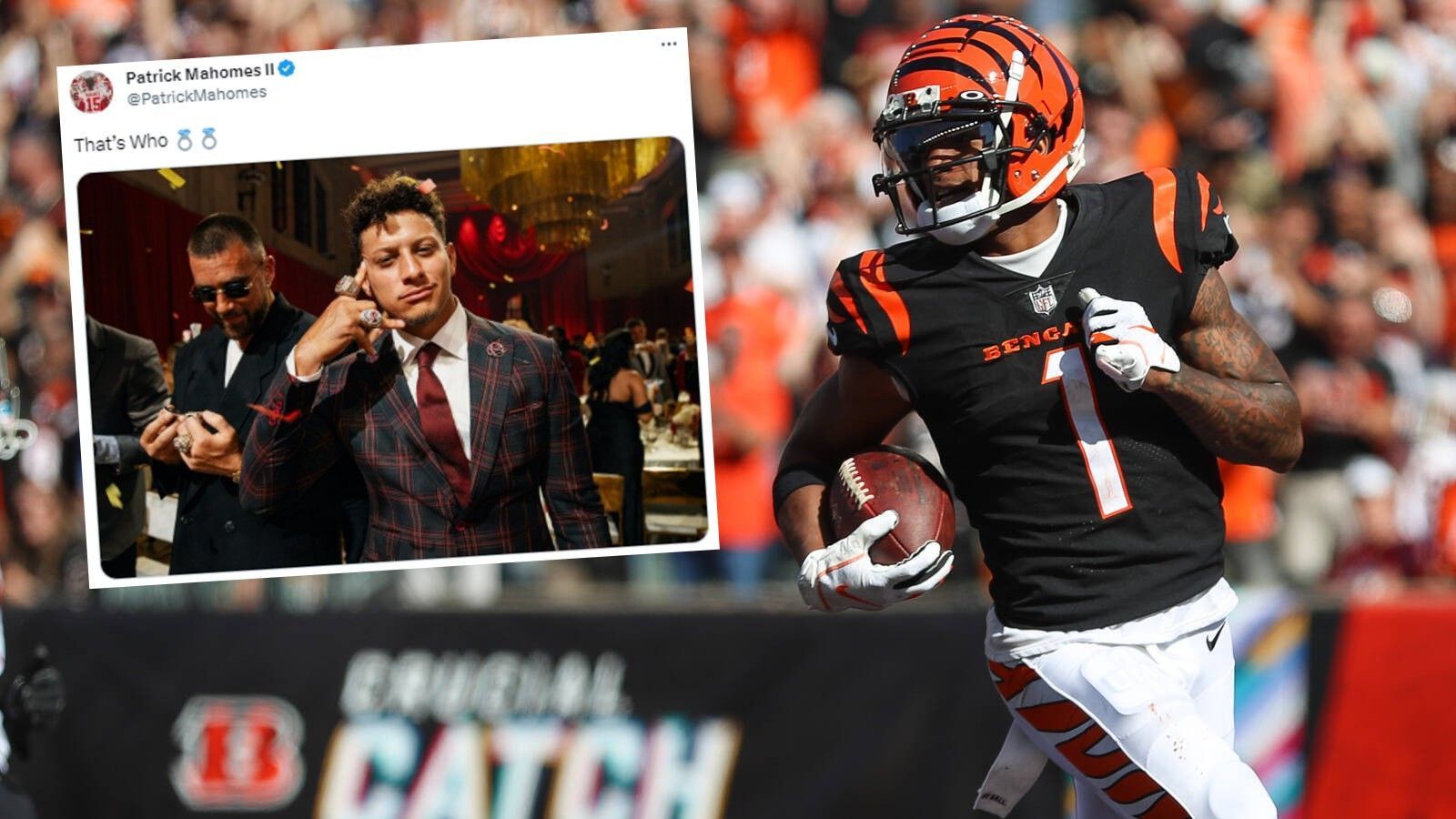 
                <strong>"That's Who" - Mahomes reagiert auf Stichelei von Bengals-Star</strong><br>
                Diese Antwort hat gesessen. Vor wenigen Tagen hat Bengals-Receiver Ja'Marr Chase Chiefs-Quarterback Patrick Mahomes veräppelt. Nachdem Bengals-Spielmacher Joe Burrow eingeräumt hatte, dass Mahomes der beste Signal Caller der NFL ist, sagte Chase zu Reportern: "Pat who?". Mahomes hat darauf nun auf seine ganz eigene Art und Weise geantwortet. So postete er bei Twitter ein Bild von sich mit seinen inzwischen zwei Super-Bowl-Ringen - garniert mit den Worten: "That's Who".
              
