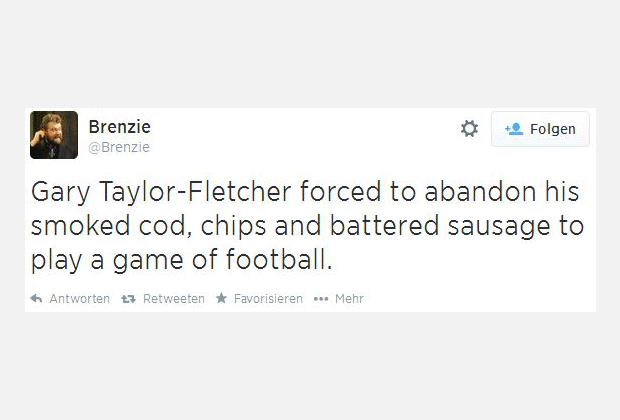 
                <strong>Der Verzicht </strong><br>
                "Gary Taylor-Fletcher ist gezwungen auf seinen geräucherten Kabeljau, Chips und Wurst zu verzichten, um ein Fußballspiel zu spielen."
              