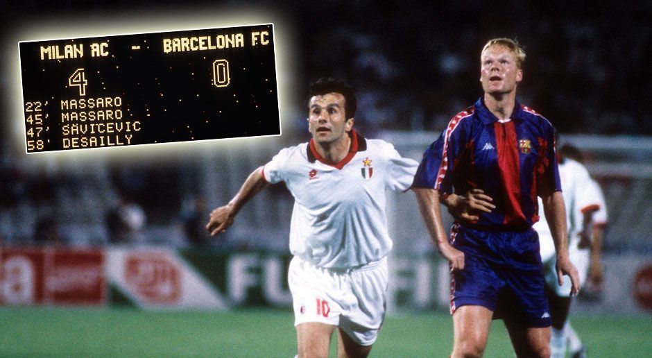 
                <strong>AC Mailand vs. FC Barcelona 4:0, Finale (1993/1994)</strong><br>
                Ein besonderes Debakel erlebten die Katalanen am 18. Mai 1994 in Athen. Im Finale gegen den AC Mailand erwischte die Mannschaft von Trainer Johan Cruyff einen rabenschwarzen Tag. Während dem Barca-Traumsturm um den Brasilianer Romario gar nichts gelang, knipste Milan gleich vier Mal. Das 0:4 war aber nicht nur eine Lehrstunde für Barcelona, sondern ist bis heute die höchste Finalniederlage in der Champions League.
              