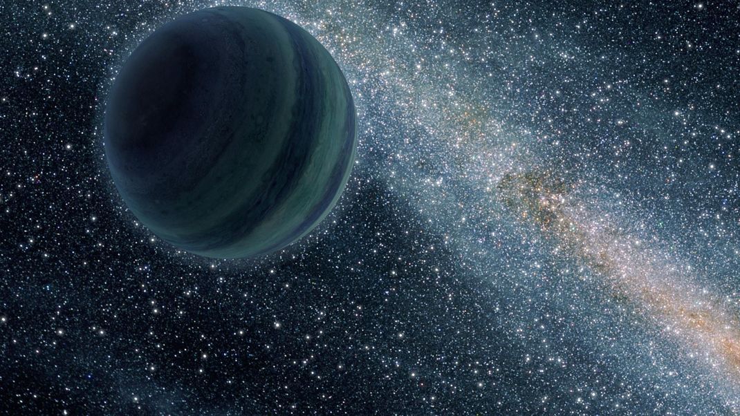 Illustration eines jupiterähnlichen Planeten, der allein in der Dunkelheit des Weltraums frei schwebt und keinen Mutterstern hat. 
