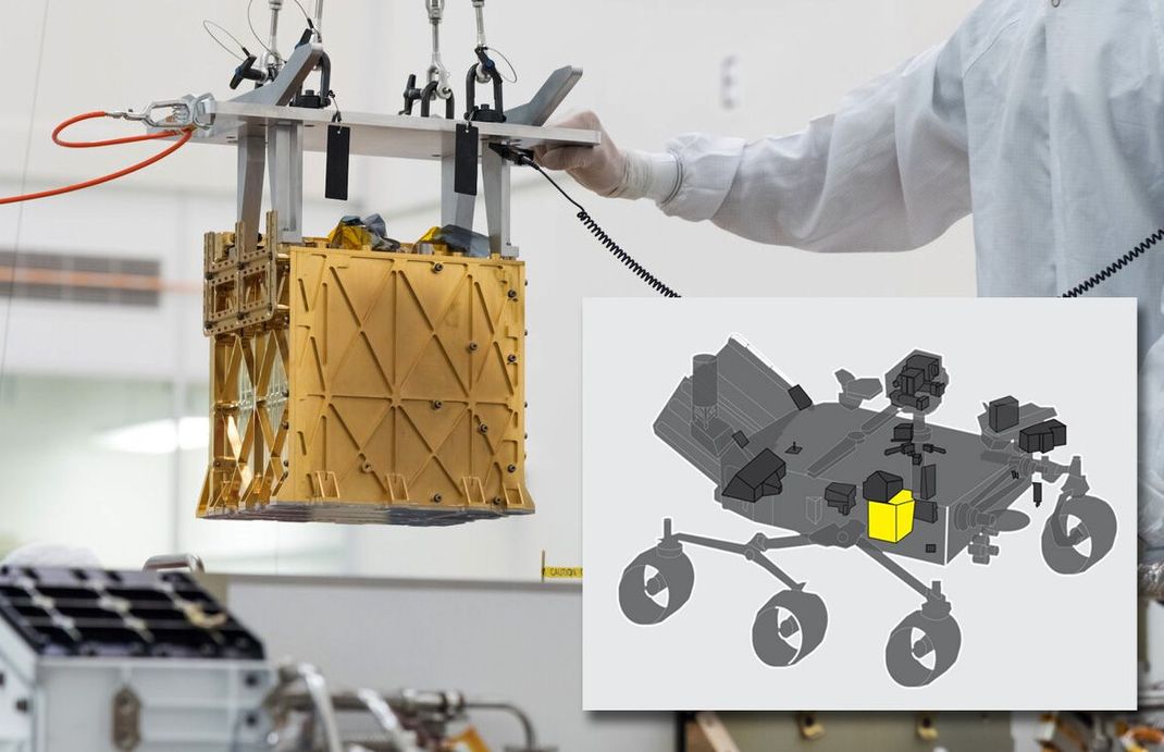"Moxie" ist nicht viel größer als ein Schuhkarton und befindet sich im Fahrgestell von "Perseverance". Das Gerät produziert nur 10 Gramm Sauerstoff in der Stunde - aber immerhin.  