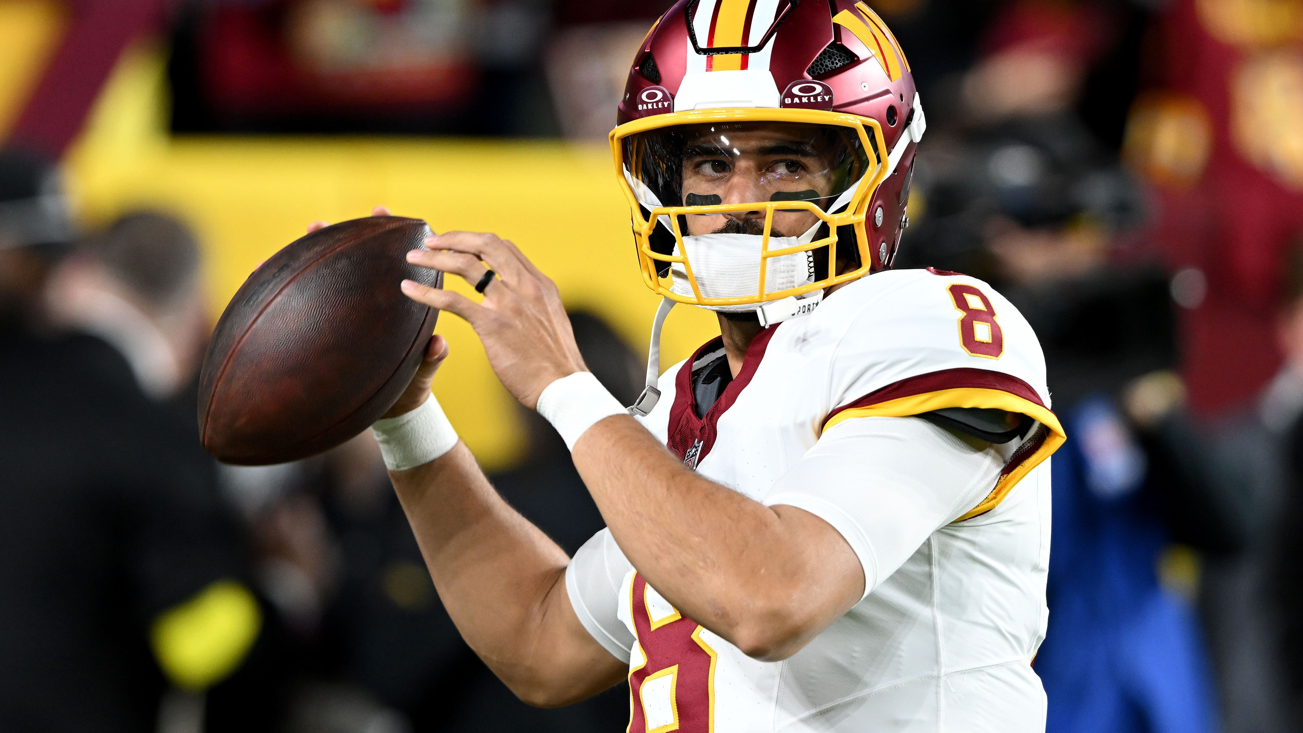 <strong>Washington Commanders</strong><br>• Starter: Marcus Mariota (im Bild)<br>• Backup: Josh Johnson<br>• Verletzt: Jayden Daniels