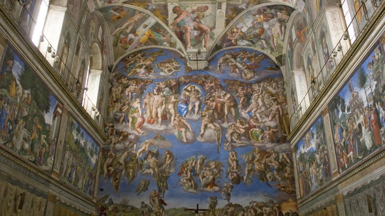 Ebenfalls ein verbotenes Foto: Das Wandgemälde "Das Jüngste Gericht" in der Sixtinischen Kapelle des Vatikans in Rom. Aber: Mit Genehmigung darfst du versuchen, es mit Bleistift nachzuzeichnen. Viel Erfolg...