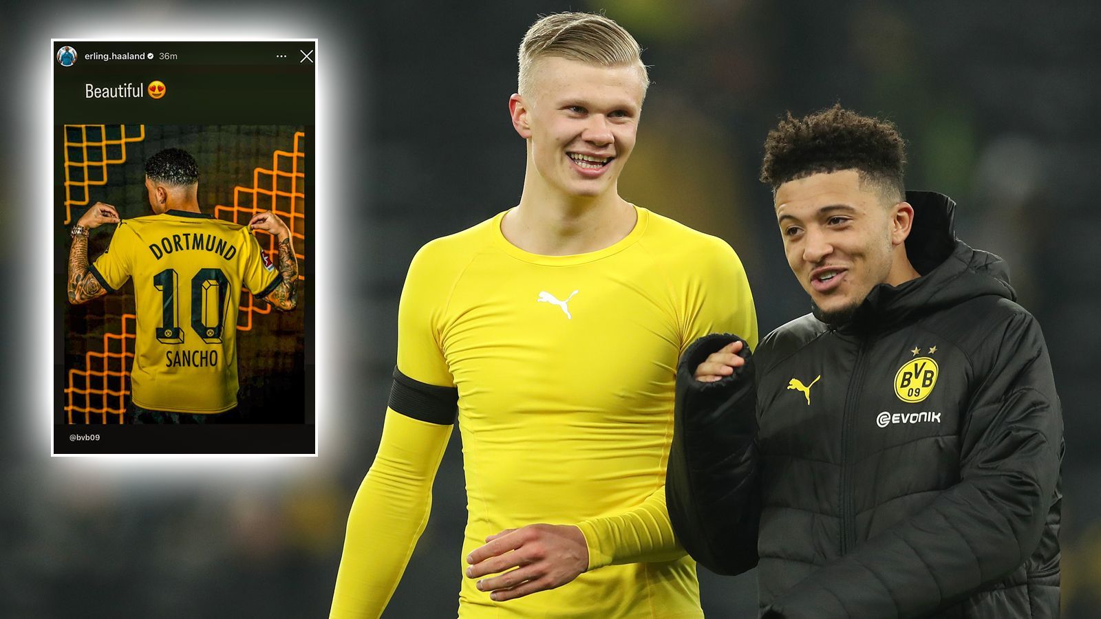 <strong>"Beautiful": Erling Haaland feiert BVB-Rückkehr von Jadon Sancho</strong><br>Jadon Sancho (re.) ist zurück in Dortmund! Der Engländer, zuletzt bei Manchester United suspendiert, spielt in der Rückrunde auf Leihbasis für die Borussia. Das freut auch Ex-BVB-Star Erling Haaland (li.). Der ManCity-Stürmer postete auf Instagram ein Bild von Sancho im BVB-Trikot und schrieb dazu "beautiful" (schön).&nbsp;