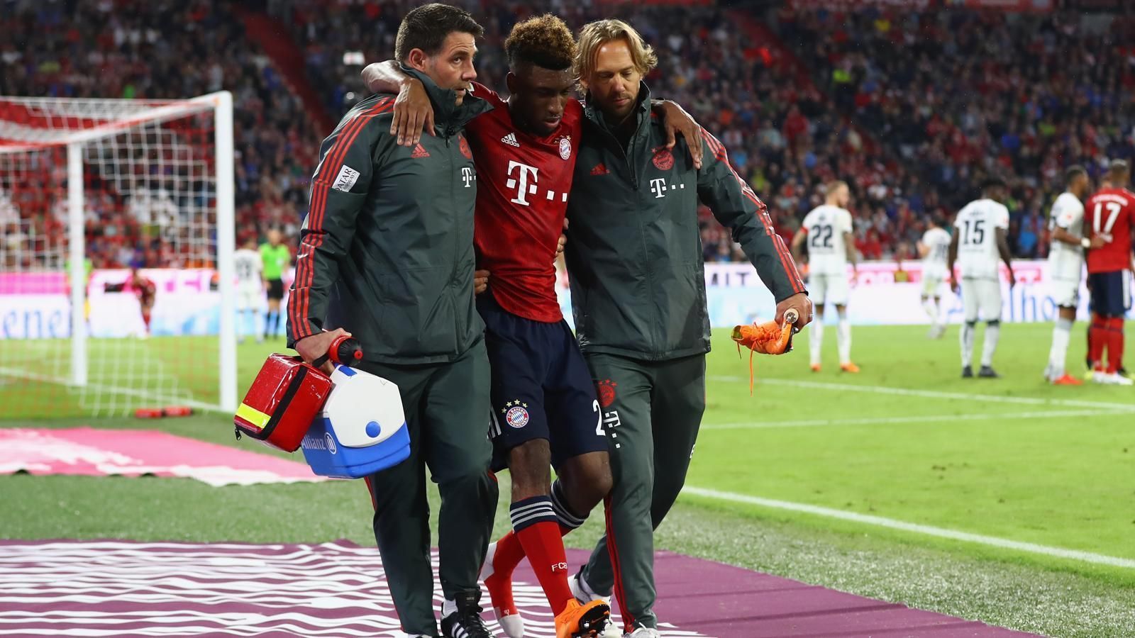 
                <strong>Kingsley Coman (FC Bayern München)</strong><br>
                SyndesmosebandrissVerletzt seit 24. August 2018Prognose: Der Franzose riss sich beim Bundesliga-Auftakt gegen die TSG 1899 Hoffenheim erneut das Syndesmoseband im linken Sprunggelenk und fällt bis auf Weiteres aus.
              