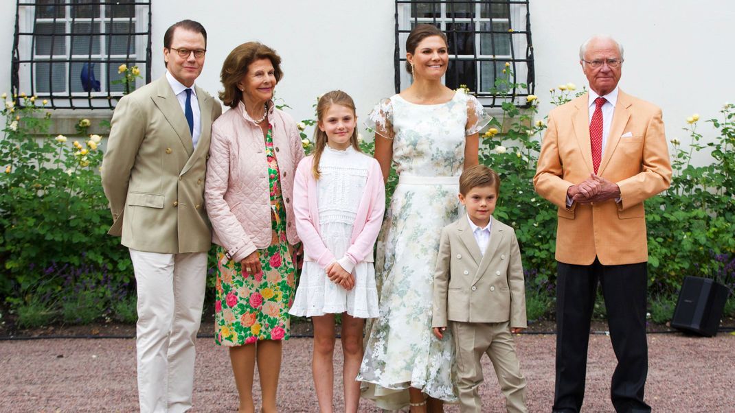 King Carl Gustaf and Queen Silvia of Sweden Crown Princess Victoria and Prince Daniel, Princess Estelle and Prince Oscar of Sweden at Solliden Palace in Borgholm