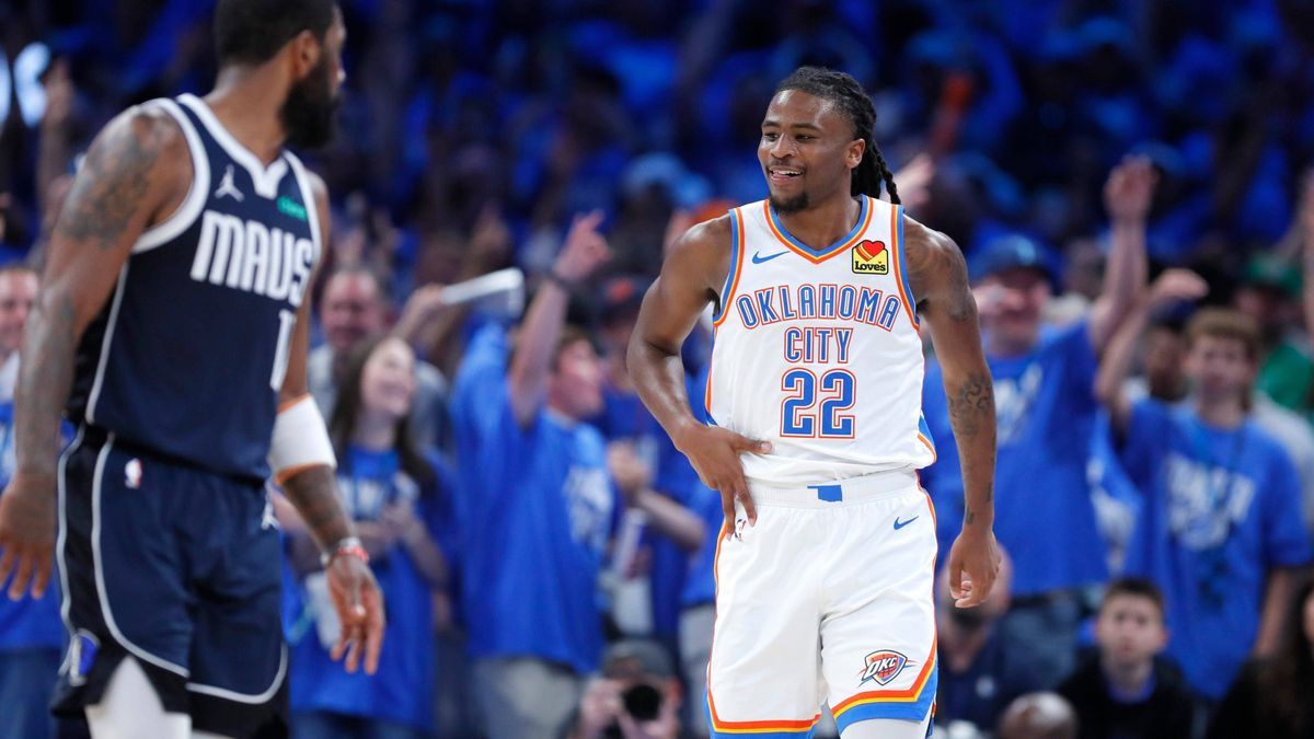 Syndication: The Oklahoman Thunder guard Cason Wallace (22) celebrates after making a 3-pointer during a 117-95 win in Game 1 of the Western Conference semifinals against the Mavericks on May 7 at ...