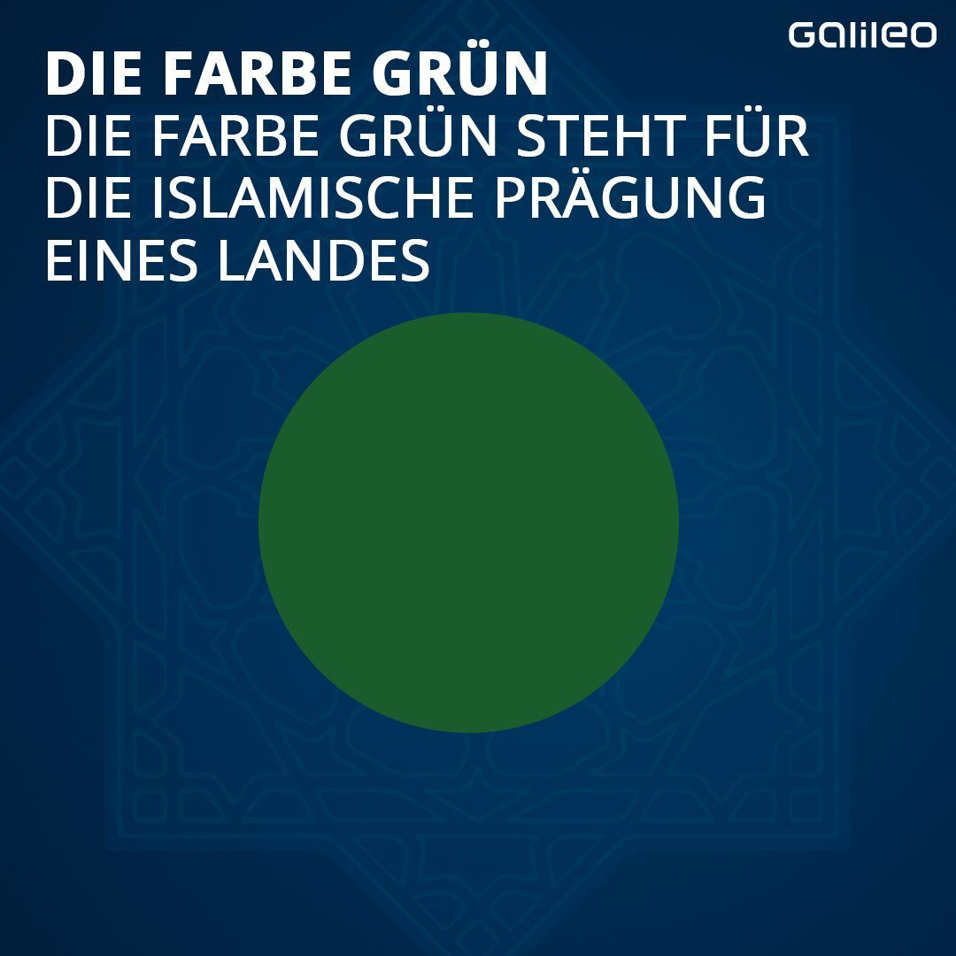 Die Farbe Grün steht für den Islam. Der Prophet Mohammed soll sich oft grün gekleidet haben, heute ist das Grün Teil vieler Nationalflaggen und steht für die islamische Prägung eines Landes.  