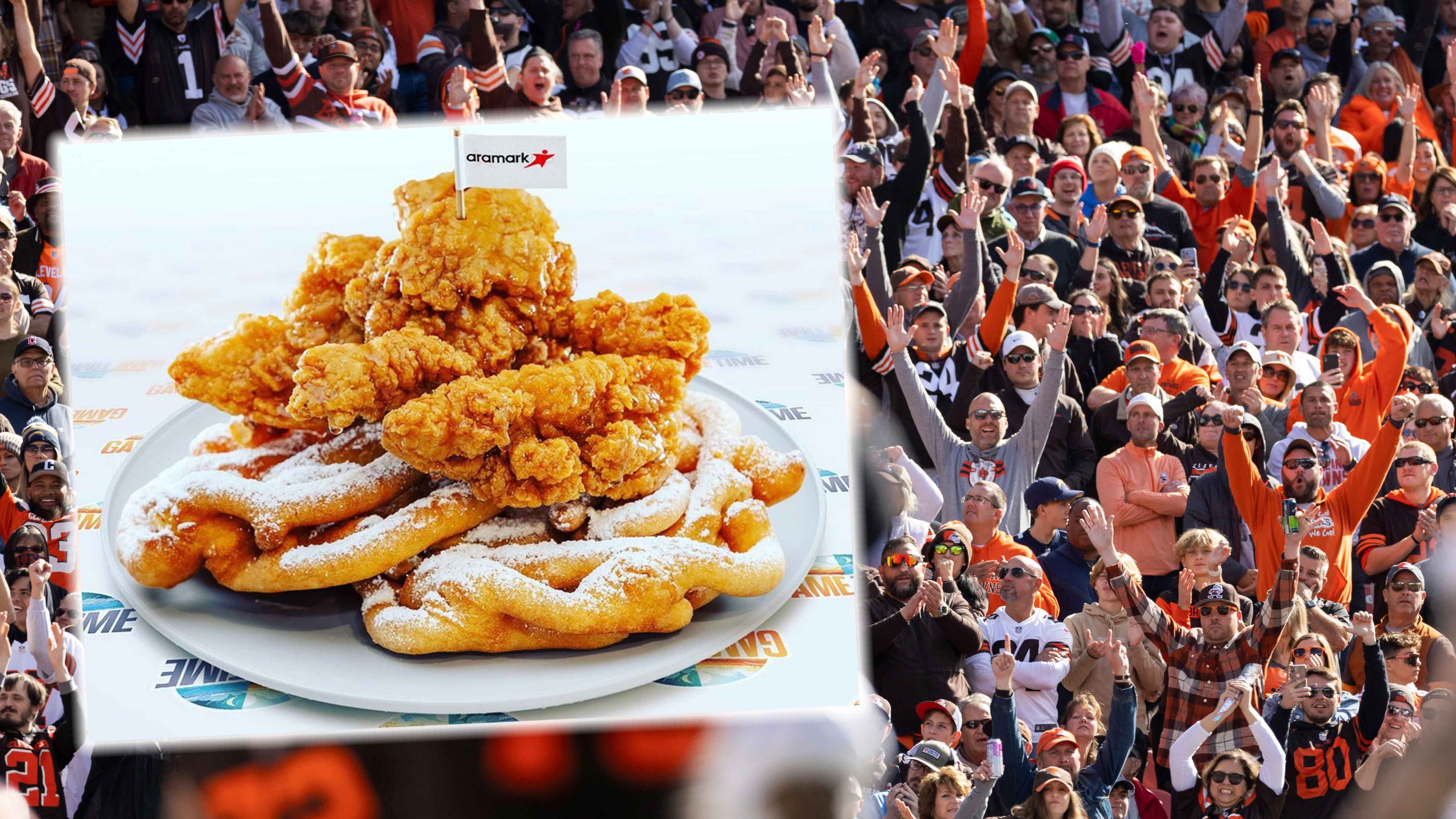 <strong>Cleveland Browns</strong><br>In Cleveland kommen Fans von "Funnel Cake" und "Chicken Tenders" auf ihre Kosten. Kuchengebäck mit knusprigem Hähnchen dazu Puderzucker und Sirup.