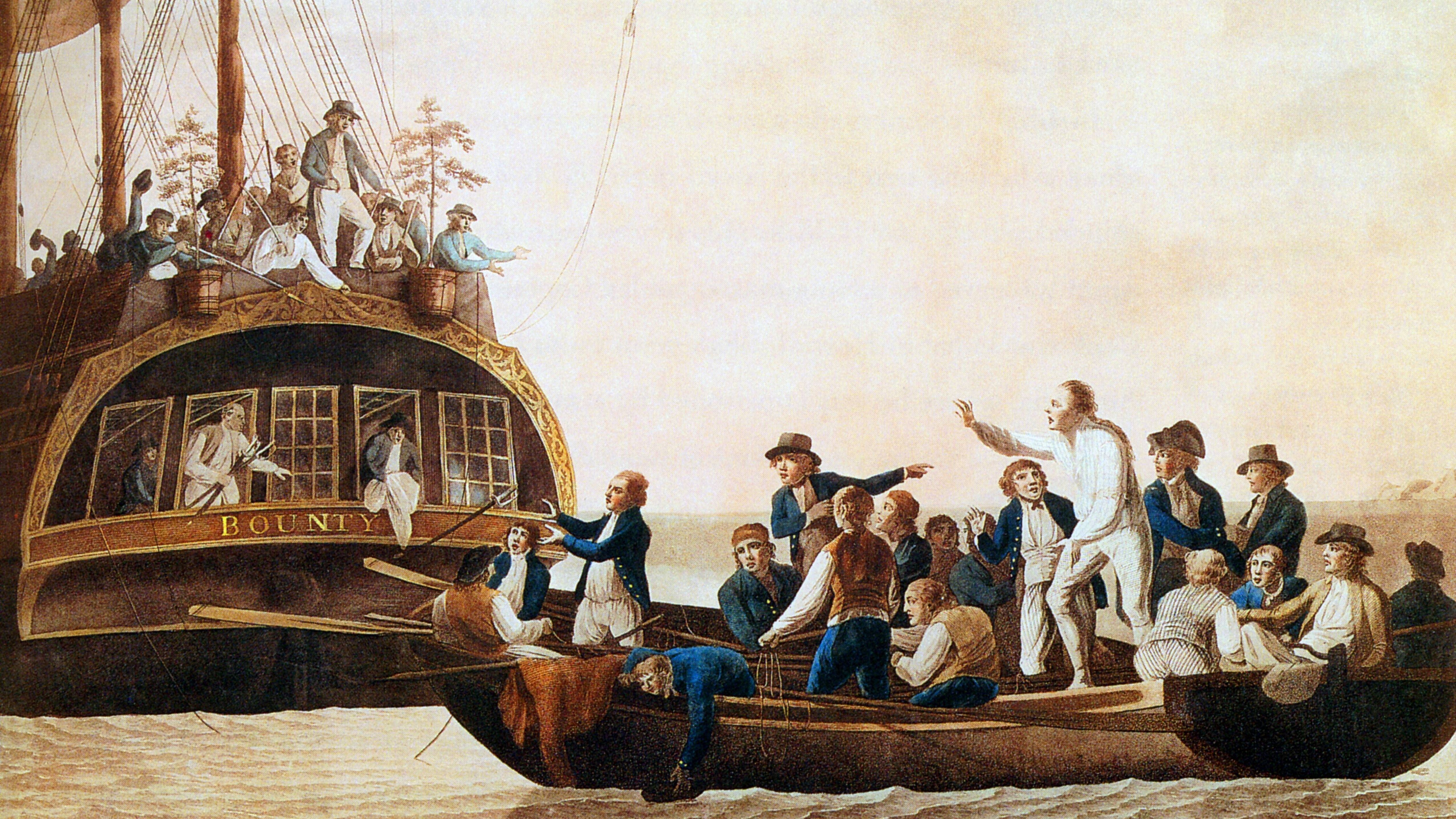 Der Künstler Robert Dodd brachte die Erzählungen von William Bligh über die Meuterei schon 1790 auf Leinwand. Bligh hatte erfolgreich das Boot, in dem er und seine Anhänger ausgesetzt wurden, bis nach Timor navigieren können. 