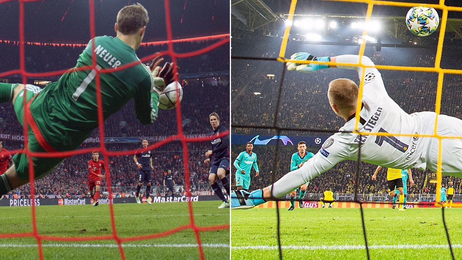 
                <strong>Gehaltene Elfmeter</strong><br>
                In Sachen gehaltene Elfmeter ist das Kräfteverhältnis zwischen Neuer und ter Stegen recht ausgeglichen seit Saisonbeginn 2014/15. Der Bayern-Keeper konnte acht Strafstöße abwehren, zudem noch einen in der Nationalmannschaft. Bei ter Stegen waren es sechs parierte Elfmeter für Barca und ebenfalls einer im Trikot der Nationalmannschaft. Den bislang letzten Elfmeter konnte Manuel Neuer im November 2019 im Länderspiel gegen Weißrussland (4:0) abwehren. Ter Stegens bislang letztes Erfolgserlebnis bei einem Elfmeter gab es Ende Januar 2020, als der Barca-Schlussmann gegen Valencias Maxi Gomez die Oberhand behielt. Dennoch unterlagen die Katalanen damals mit 0:2.
              