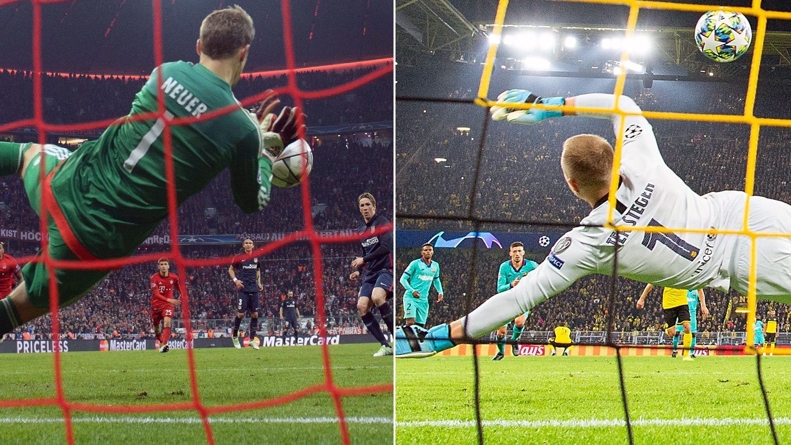 
                <strong>Gehaltene Elfmeter</strong><br>
                In Sachen gehaltene Elfmeter ist das Kräfteverhältnis zwischen Neuer und ter Stegen recht ausgeglichen seit Saisonbeginn 2014/15. Der Bayern-Keeper konnte acht Strafstöße abwehren, zudem noch einen in der Nationalmannschaft. Bei ter Stegen waren es sechs parierte Elfmeter für Barca und ebenfalls einer im Trikot der Nationalmannschaft. Den bislang letzten Elfmeter konnte Manuel Neuer im November 2019 im Länderspiel gegen Weißrussland (4:0) abwehren. Ter Stegens bislang letztes Erfolgserlebnis bei einem Elfmeter gab es Ende Januar 2020, als der Barca-Schlussmann gegen Valencias Maxi Gomez die Oberhand behielt. Dennoch unterlagen die Katalanen damals mit 0:2.
              