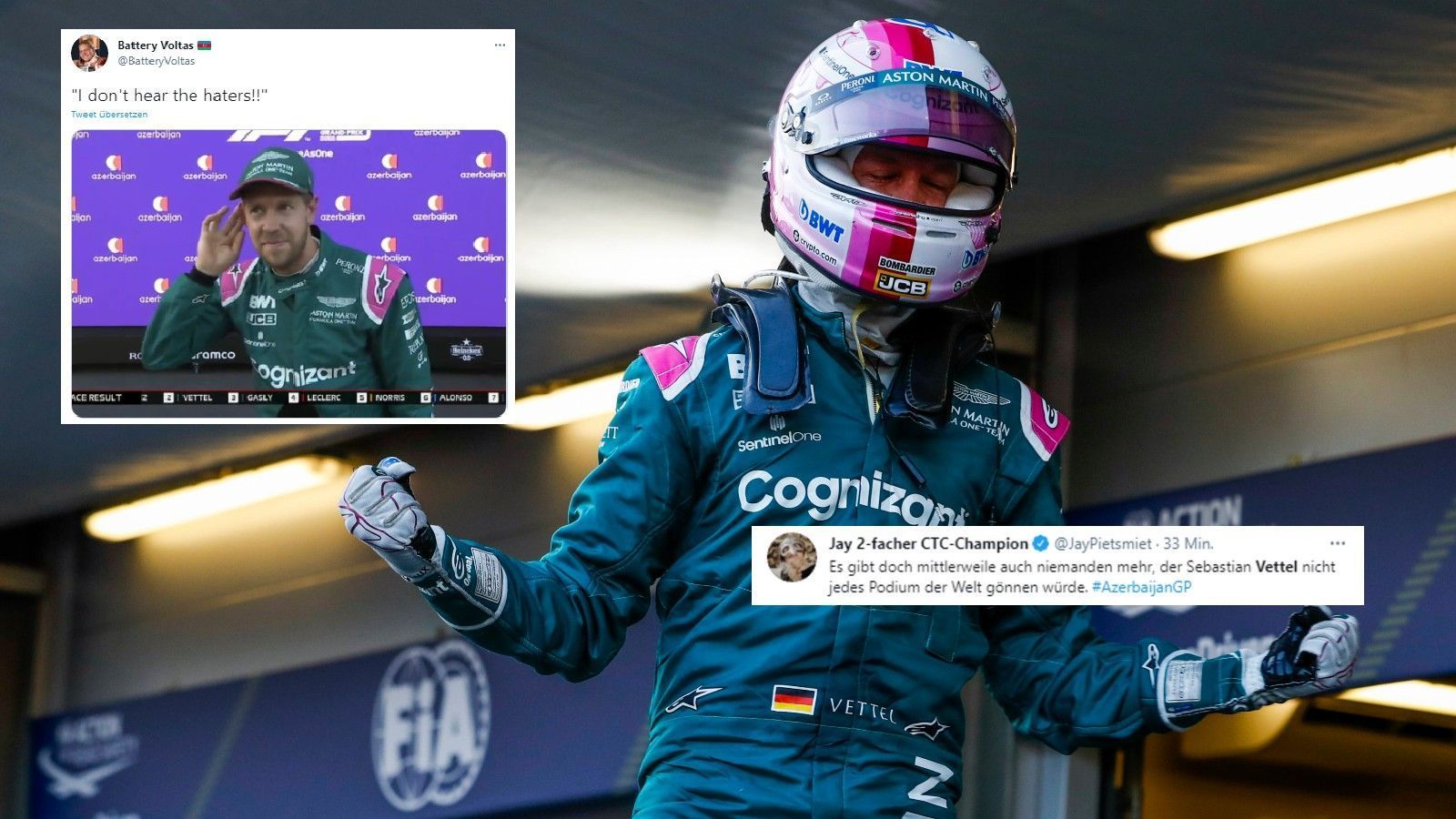 
                <strong>Wo sind die Hater?</strong><br>
                Sebastian Vettel landet am Ende völlig überraschend auf Rang zwei - und das nicht nur ob des Ausfalls von Verstappen und des Fehlers von Hamilton. Bei den deutschen Fans ist die Freude groß, auch die Kritiker dürften so langsam still werden.
              