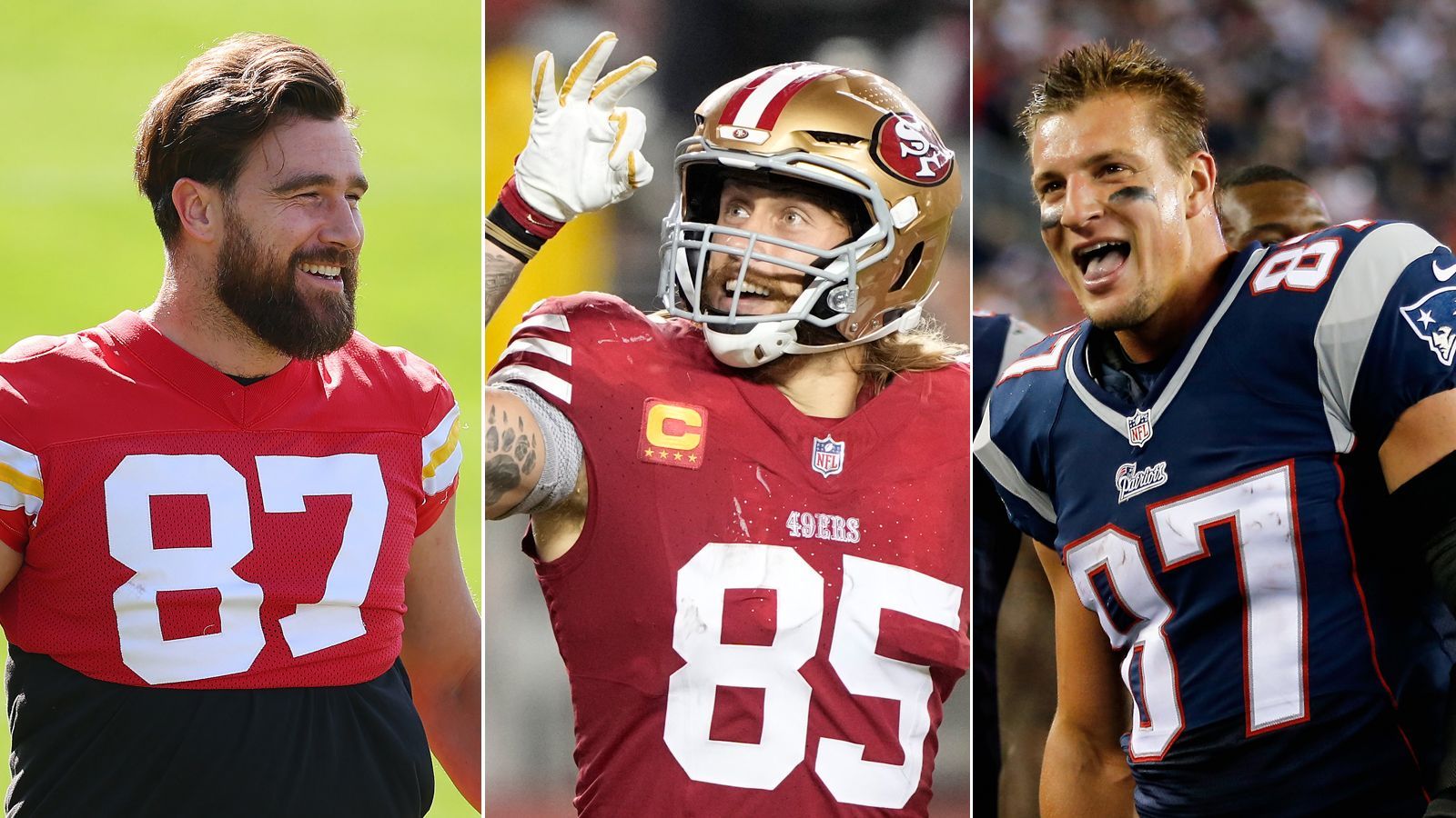 <strong>NFL: Die 30 Tight Ends mit dem höchsten Karriereverdienst</strong><br>Travis Kelce, George Kittle oder Rob Gronkowski (v.l.) avancierten als Tight Ends zu absoluten NFL-Superstars. Doch welche Tight Ends verdienten im Laufe ihrer Karriere das meiste Geld? <strong><em>ran</em></strong> blickt auf die Top-30 der Liste. (Quelle: "Over the Cap")