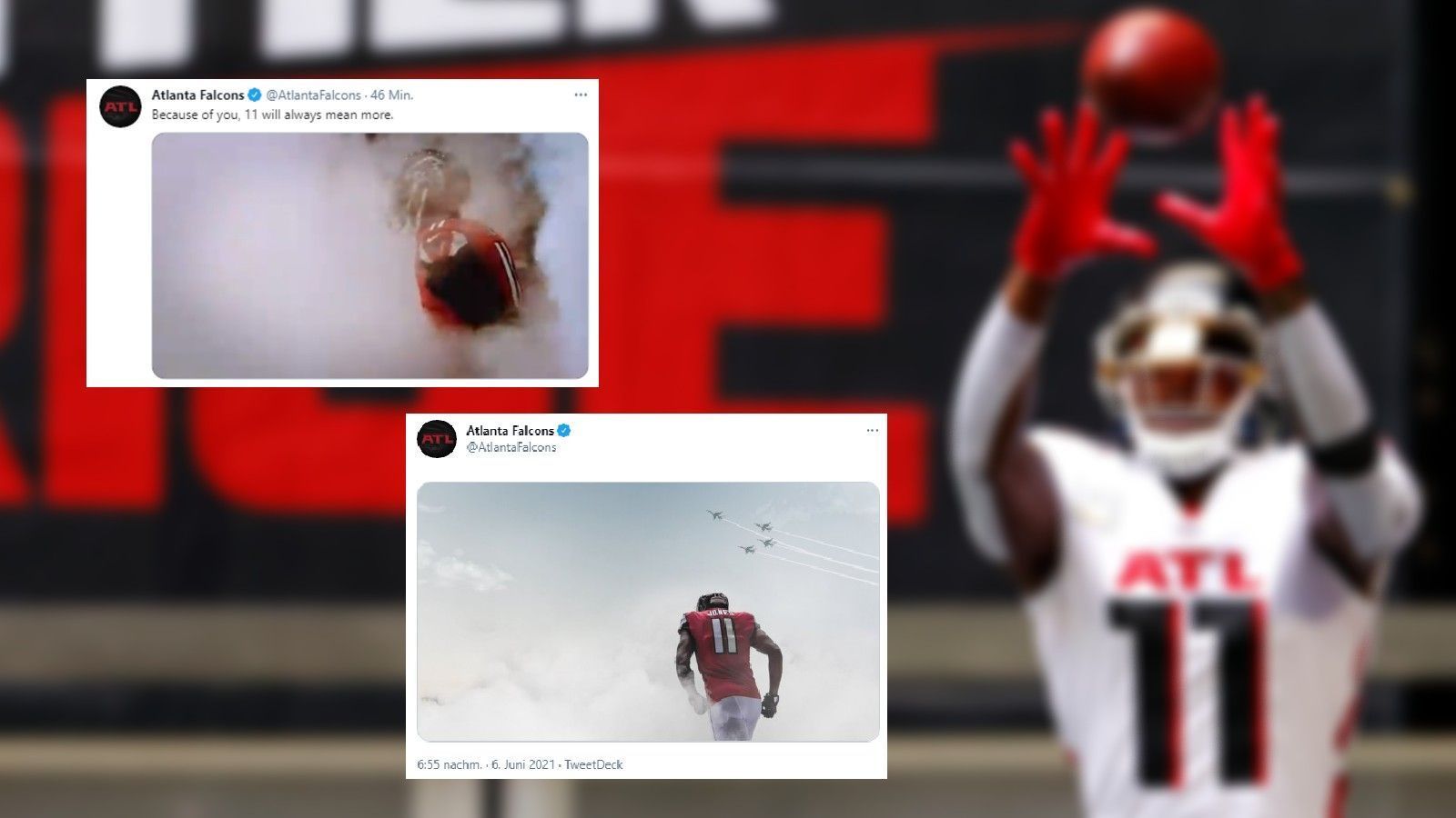 
                <strong>Atlanta Falcons</strong><br>
                Die Atlanta Falcons verabschieden sich von ihrem langjährigen Receiver nicht nur mit einem wunderschönen Foto, sondern auch mit einem Video. "Because of you, 11 will always mean more", schreibt die Franchise: "Deinetwegen wird die 11 immer mehr bedeuten."
              