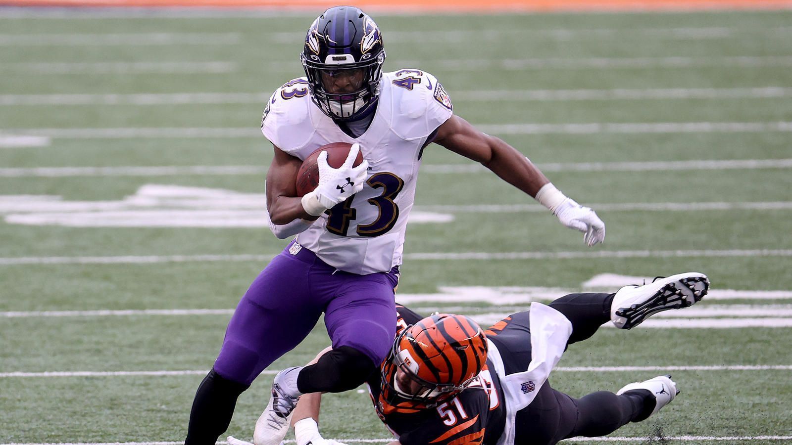 
                <strong>Justice Hill erleidet Achillessehenenriss</strong><br>
                ... denn der Receiving-Back der Ravens, Justice Hill, zieht sich nur wenige Tage nach Dobbins' Verletzung einen Achillessehnenriss zu. Hill hat auch für Baltimores Special Team einen großen Stellenwert. Damit bleiben den Ravens mit Gus Edwards und Undraftet Rookie Free Agent Ty'Son Williams nur noch zwei gesunde Running Backs im Kader ...
              