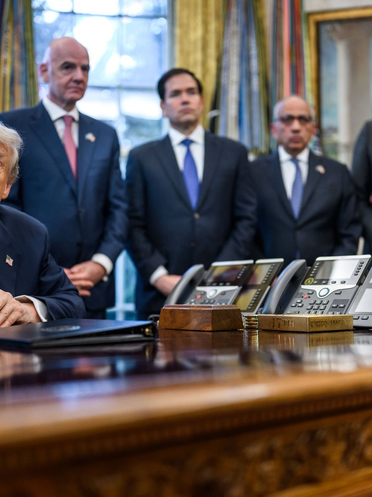White House Task Force on the 2026 FIFA World Cup President Donald Trump answers questions from members of the media after meeting with the White House Task Force on the 2026 FIFA World Cup, Monday...