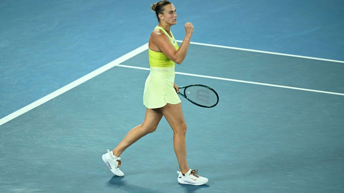 TENNIS AUSTRALIAN OPEN, Aryna Sabalenka of Belarus reacts during her Women™s semifinal match against Paula Badosa of Spain during the 2025 Australian Open at Melbourne Park in Melbourne, Thursday, ...