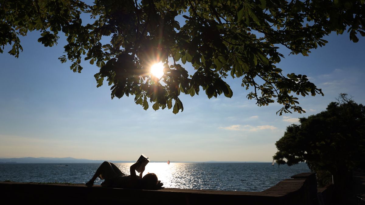 Bayern, Lindau: Eine Frau liest an der Uferpromenade des im Sonnenschein glitzernden Bodensees ein Buch.