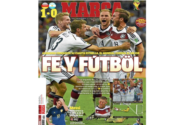 
                <strong>Marca (Spanien) </strong><br>
                Die spanischen Tageszeitung "Marca" beschreibt den deutschen WM-Sieg mit den eindrucksvollen Worten "Glaube und Fußball". 
              
