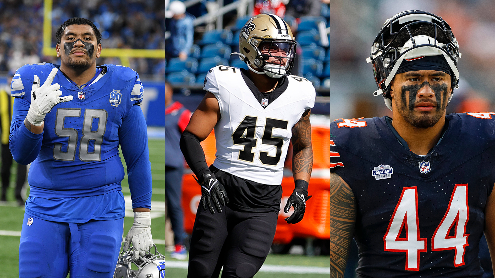 <strong>Penei, Nephi und Noah Sewell</strong><br>Die Sewells sind momentan das einzige Brüder-Trio in der NFL. Den Anfang machte Offensive Tackle Penei (l.), als er 2021 mit dem 7. Pick von den Detroit Lions gedraftet wurde. Nephi (M.), der älteste Bruder, schaffte es 2022 als Undrafted Free Agent in die NFL und ist als Linebacker für die New Orleans Saints aktiv. Noah, Linebacker für die Chicago Bears, wurde 2023 in der vierten Runde gedraftet.&nbsp;