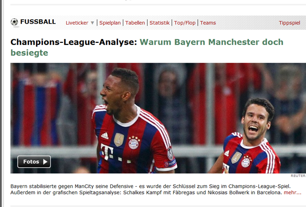 
                <strong>Spiegel Online</strong><br>
                Boateng, immer wieder Boateng - aber wenn man so trifft, kann man auch gefeiert werden, wie hier bei Spiegel Online.
              