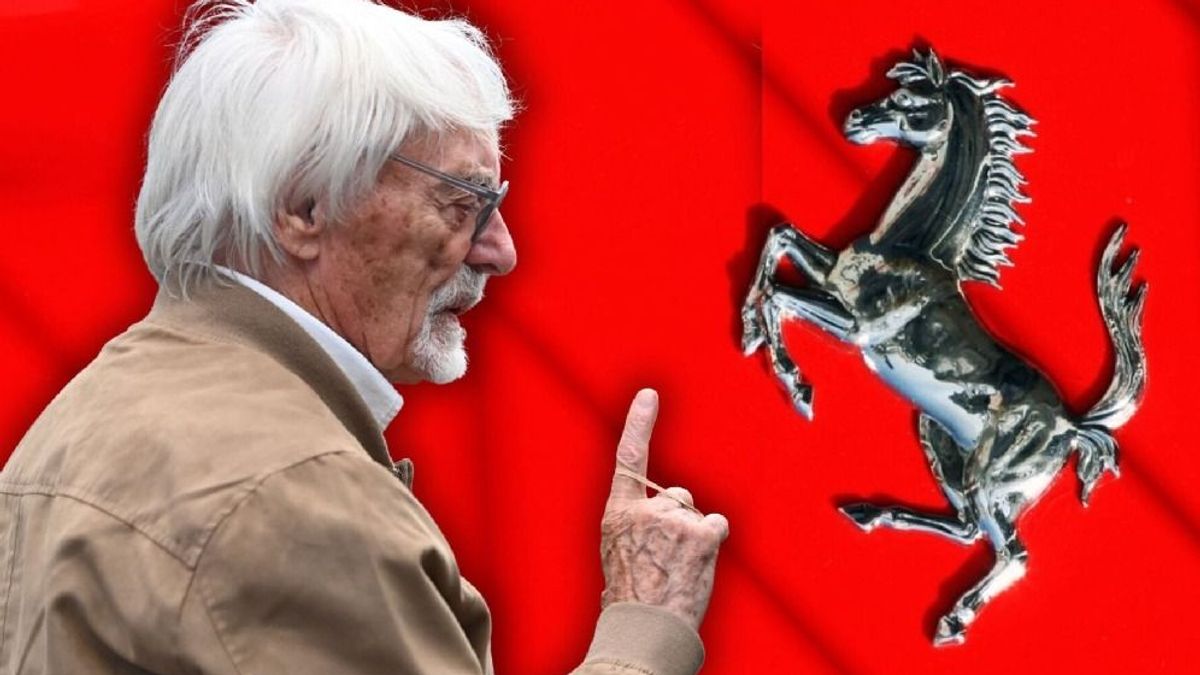 Fotomontage: Bernie Ecclestone vor einem Ferrari-Logo