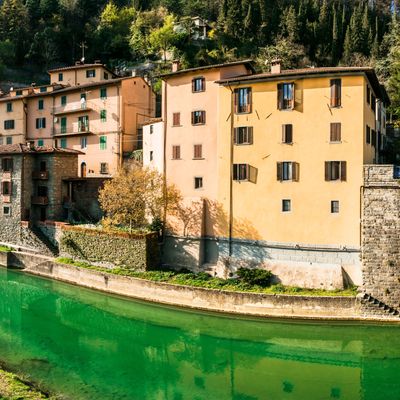 Marradi - charming picturesque village in Tuscany, Italy. Panoramic view with bridge and river