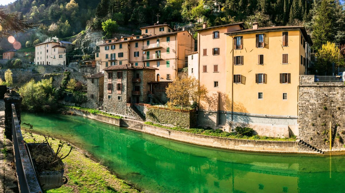 Marradi - charming picturesque village in Tuscany, Italy. Panoramic view with bridge and river