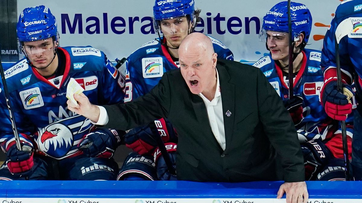 Der Trainer von Adler Mannheim, Bill Stewart, feuert sein Team an.