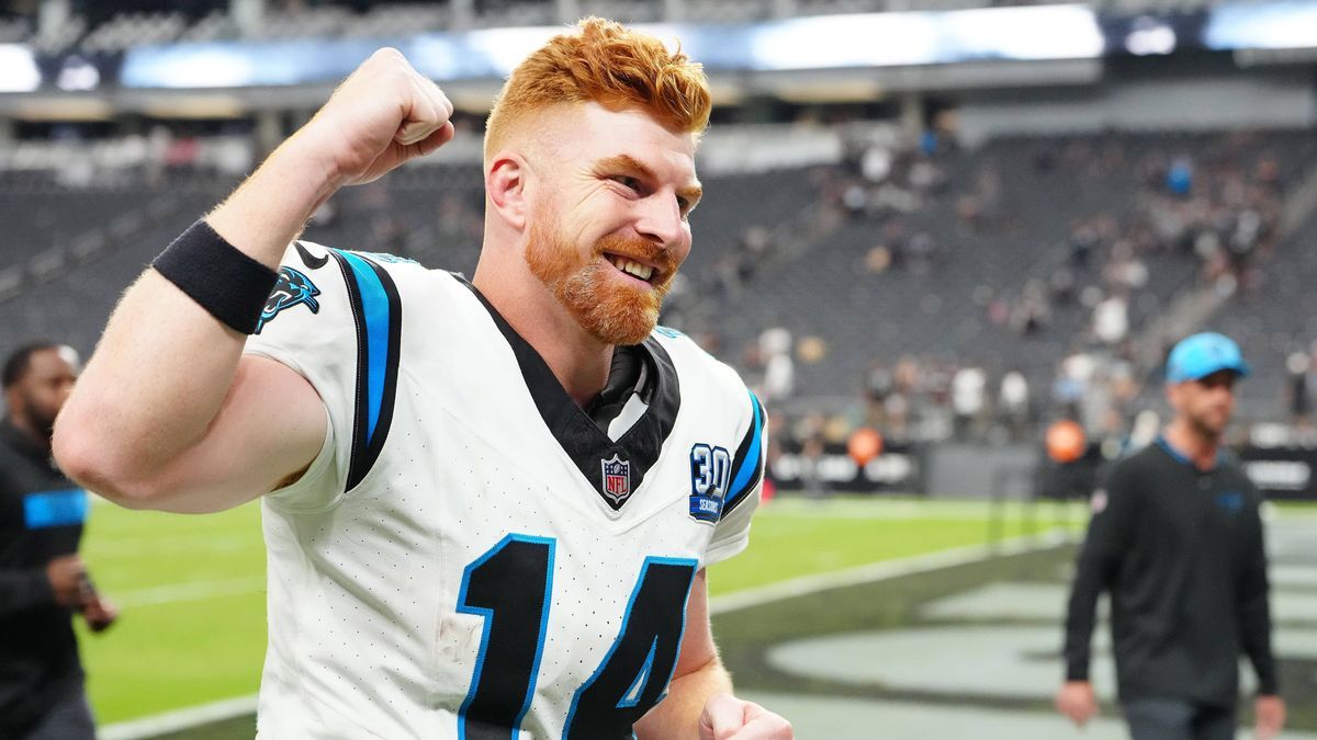 NFL, American Football Herren, USA Carolina Panthers at Las Vegas Raiders Sep 22, 2024; Paradise, Nevada, USA; Carolina Panthers quarterback Andy Dalton (14) celebrates after the Panthers defeated ...